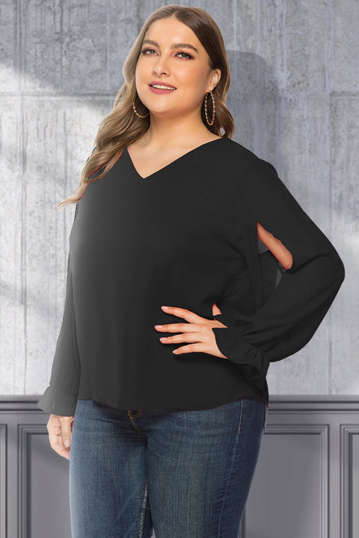 Plus Size Cutout Flounce Sleeve Blouse in Black
