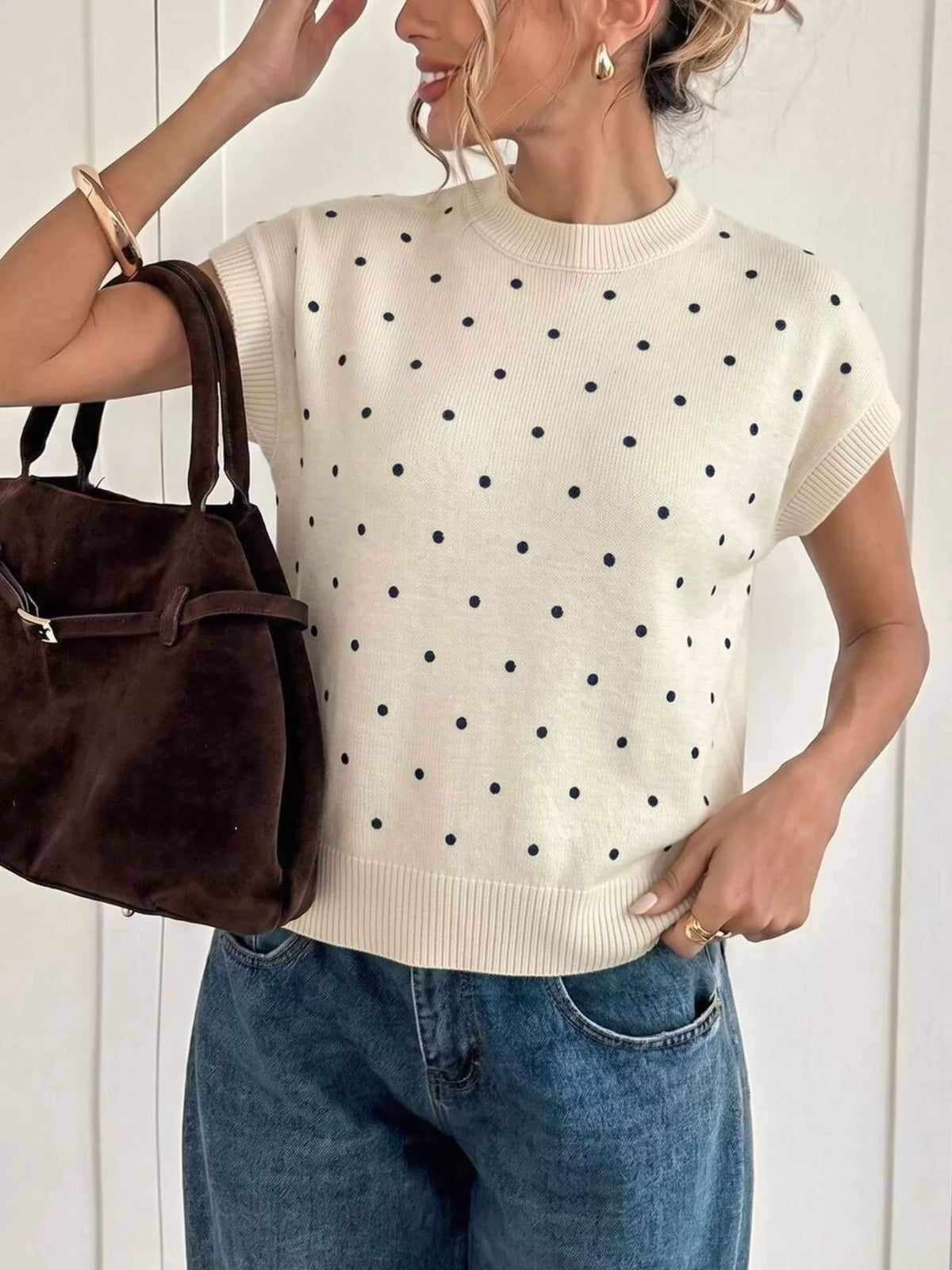 Polka Dot Short Sleeve Knit Sweater in Apricot, view 4