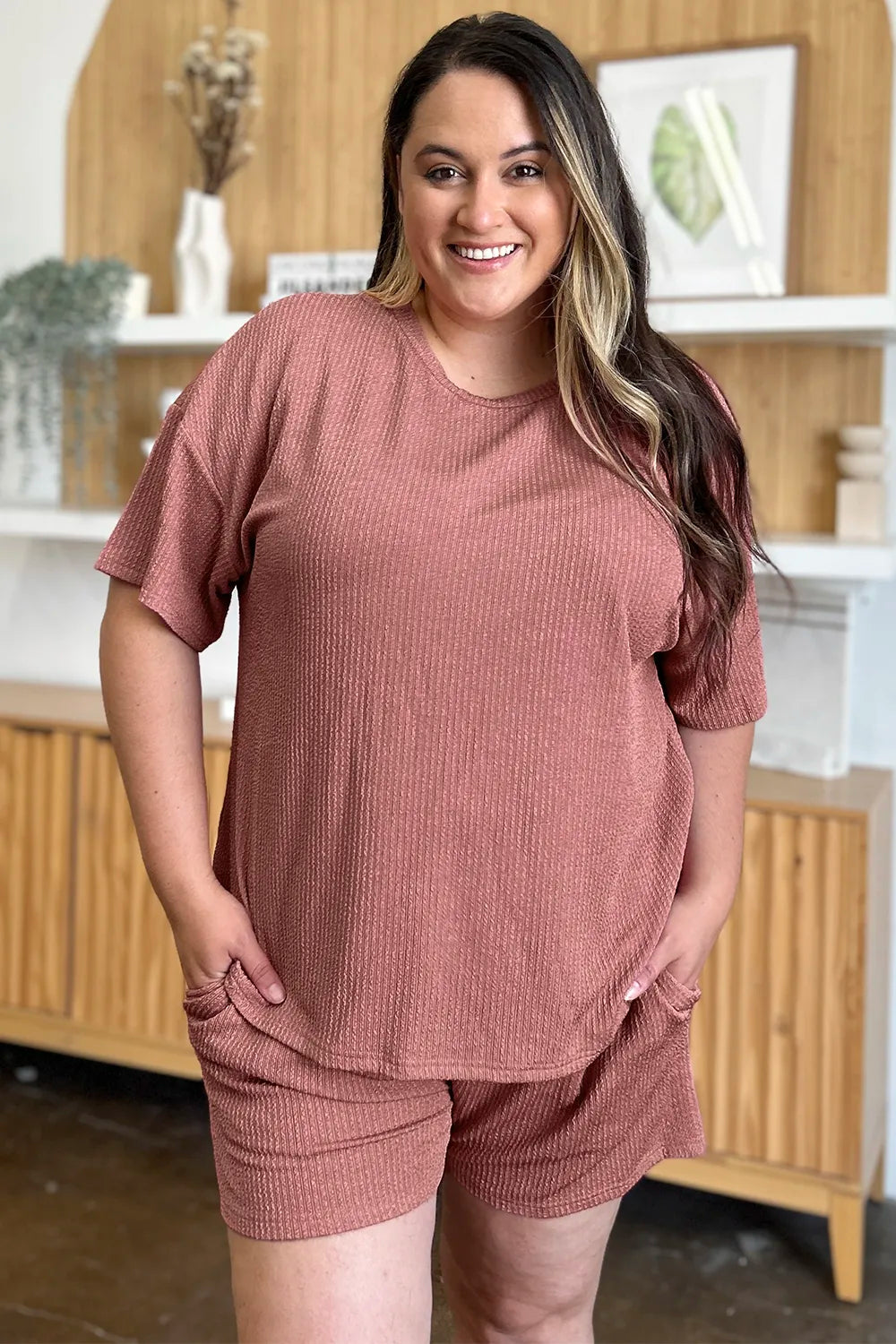 Double Take Full Size Round Neck Short Sleeve T-Shirt and Shorts Set in Light Mauve, view 5
