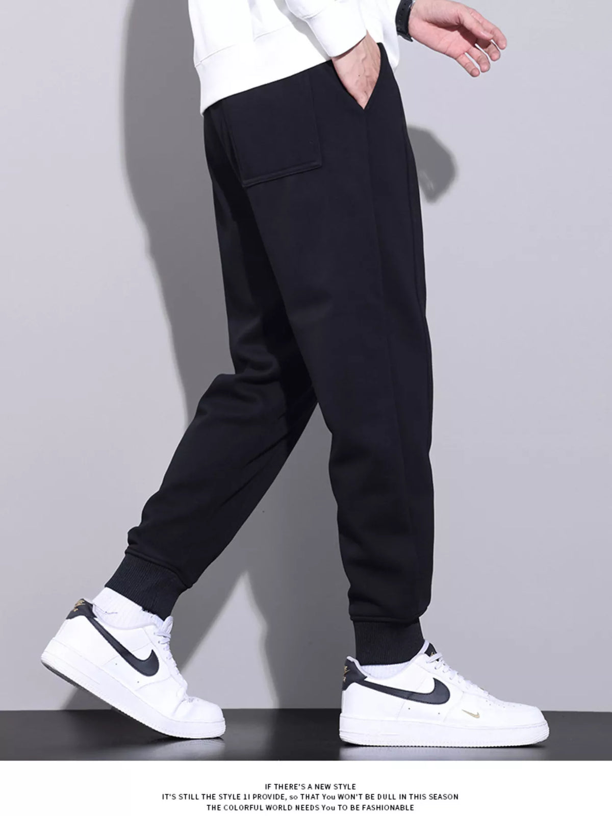 Men's Full Size Casual Drawstring Elastic Waist Ankle Cuffed Pants Plus Size in Black, view 2