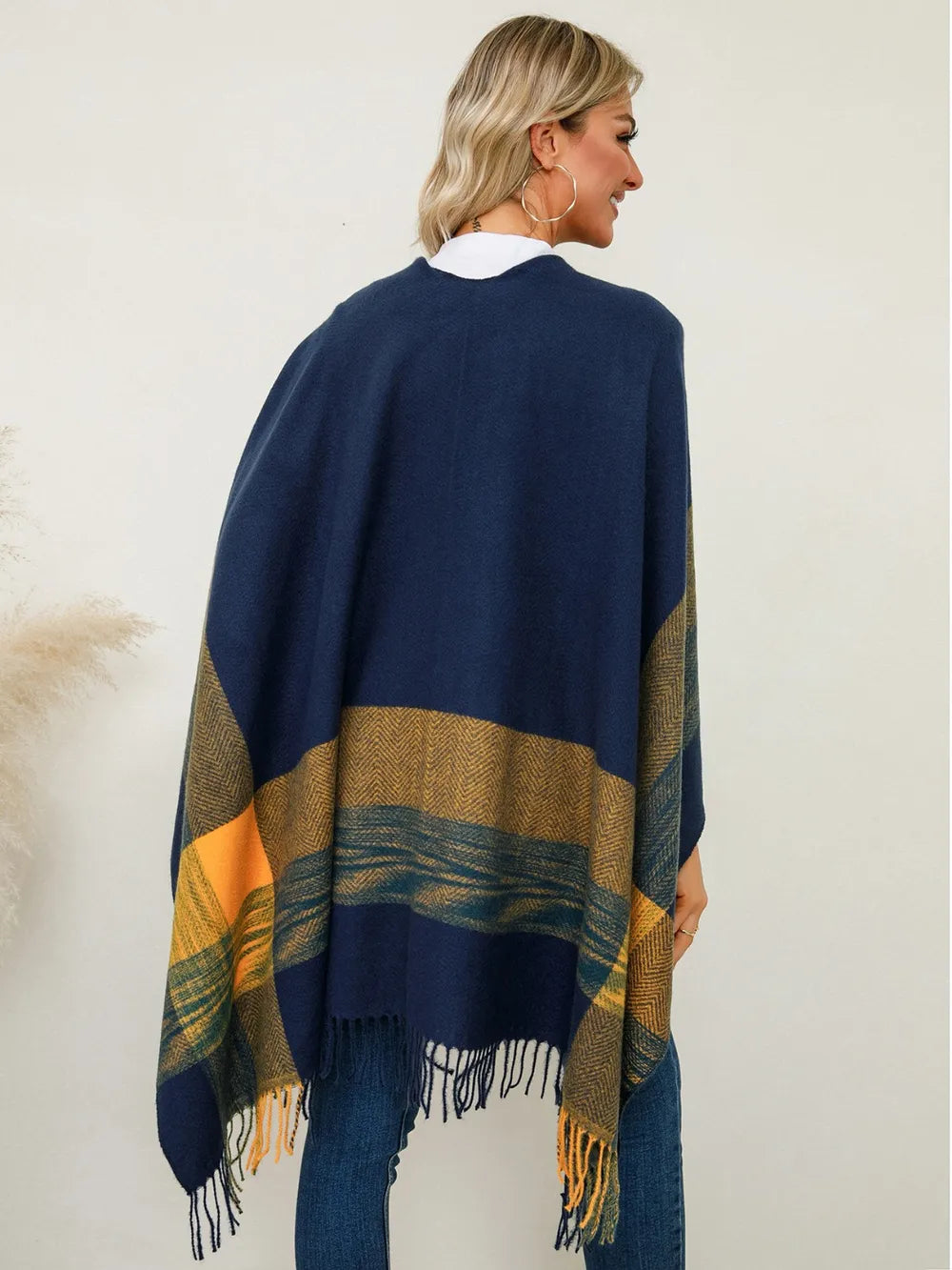 Fringe Contrast Plaid Poncho - Lilixa.store