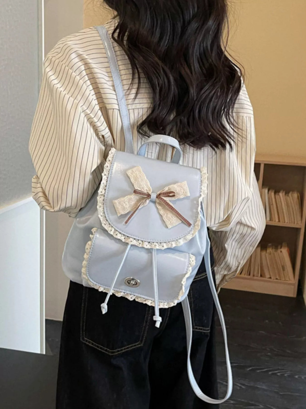Lace Trim Bow Decor Backpack Bag - Lilixa.store