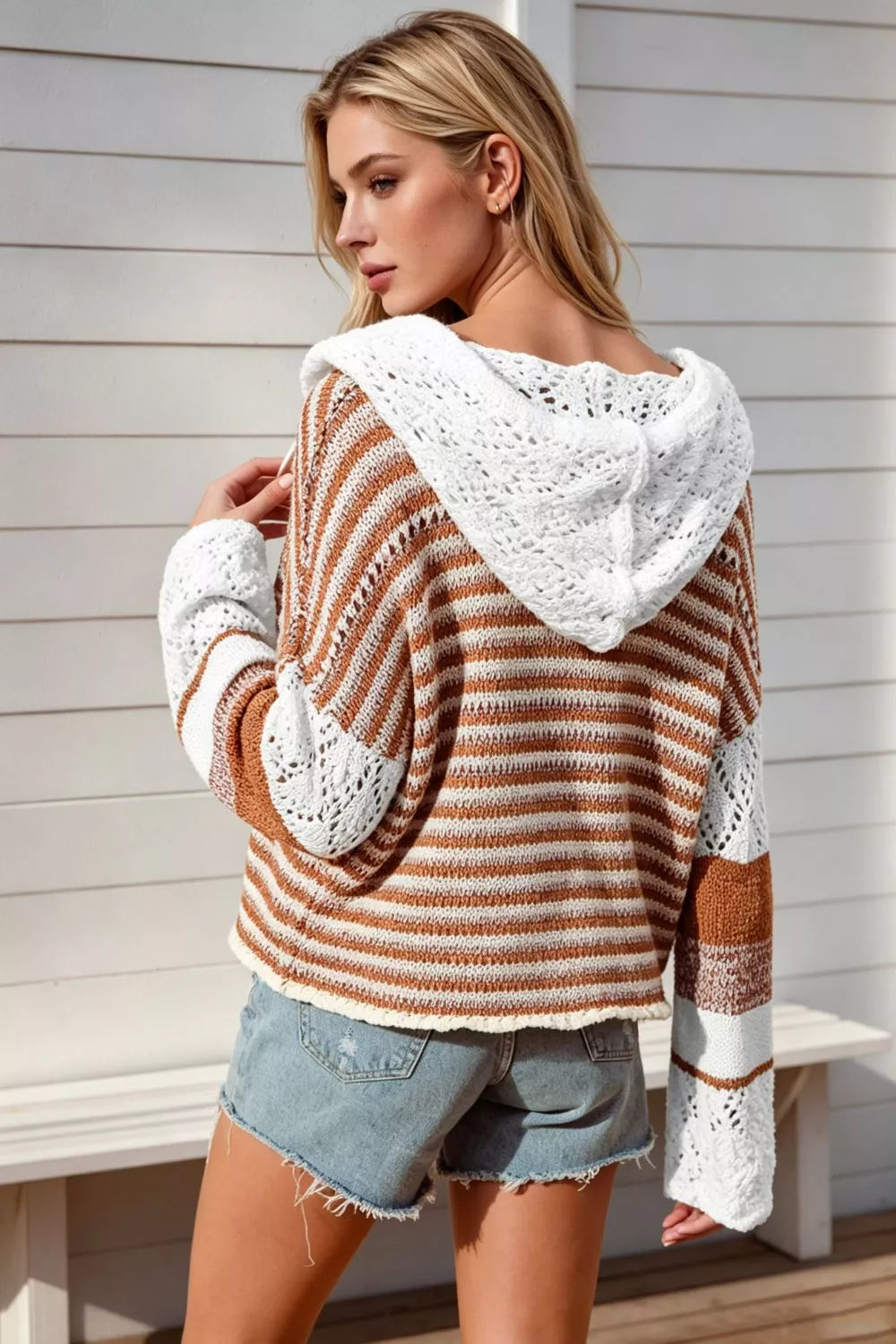 Double Take Full Size Openwork Contrast Long Sleeve Hooded Sweater Plus Size - Lilixa.store