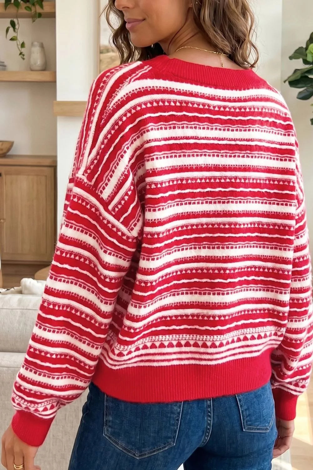 Geometric Striped Pattern V Neck Button Front Casual Knit Cardigan - Lilixa.store