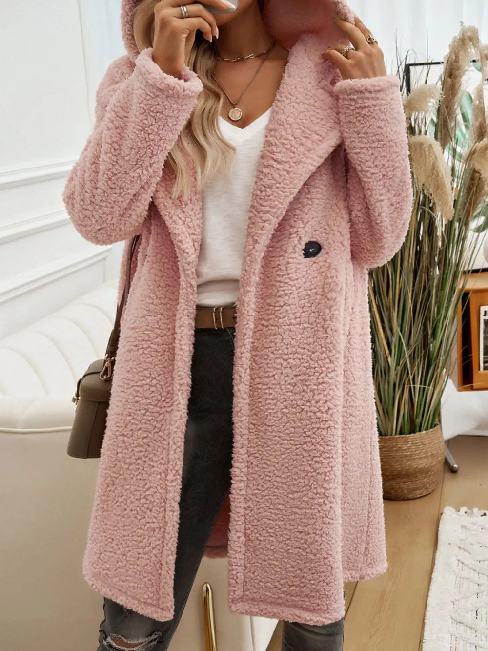 Devine Pocketed Long Sleeve Hooded Teddy Coat - Lilixa.store