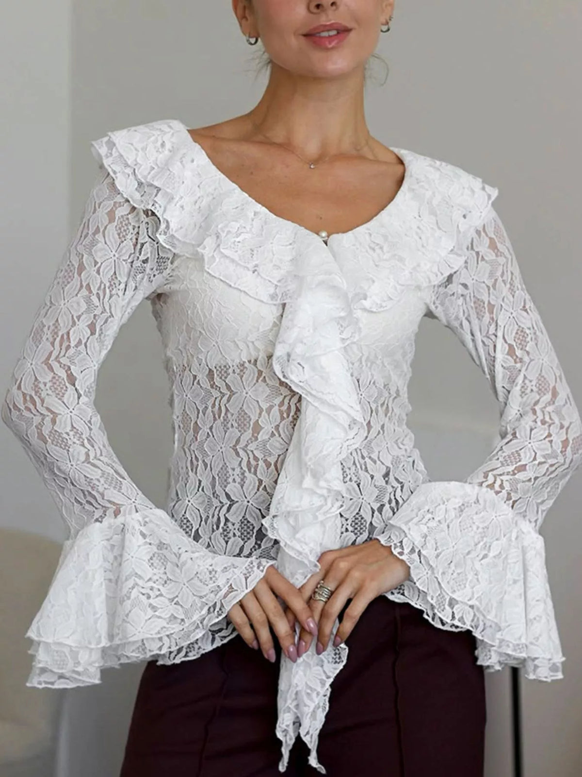 Lace V-Neck Flare Sleeve Blouse in White, view 2