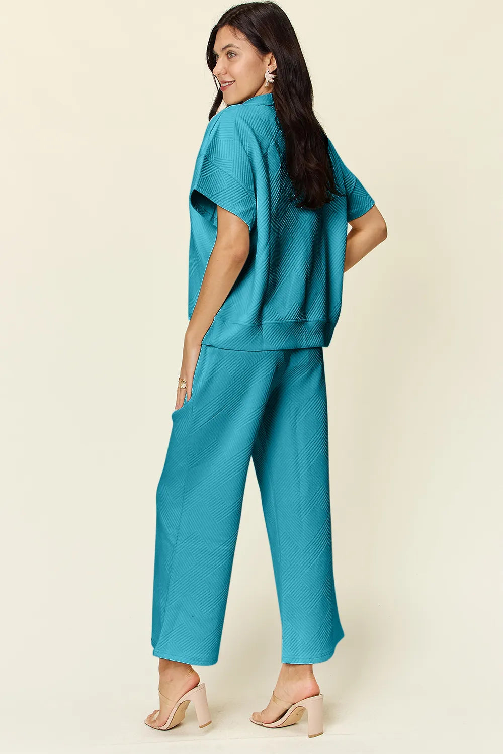Double Take Full Size Texture Half Zip Short Sleeve Top and Pants Set, view 15