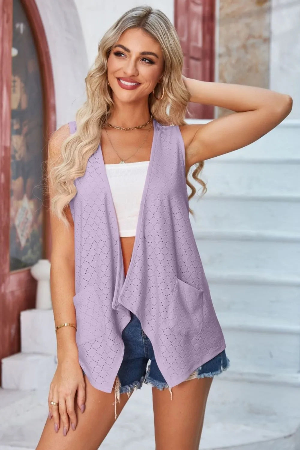 Eyelet Open Front Sleeveless Cardigan - Lilixa.store