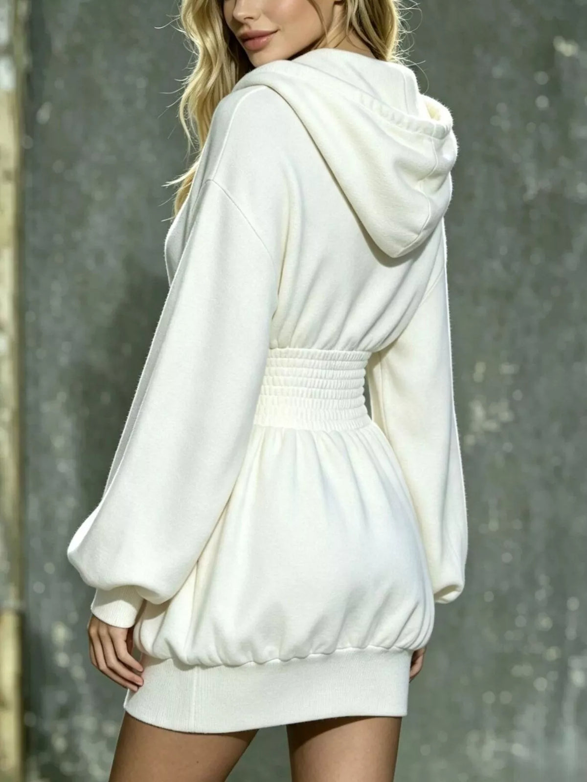 Hooded Long Sleeve Mini Dress with Smocked Waist - Lilixa.store
