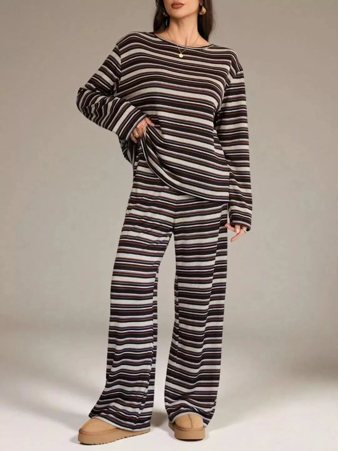 Striped Long-Sleeve Top and Wide-Leg Pants Set