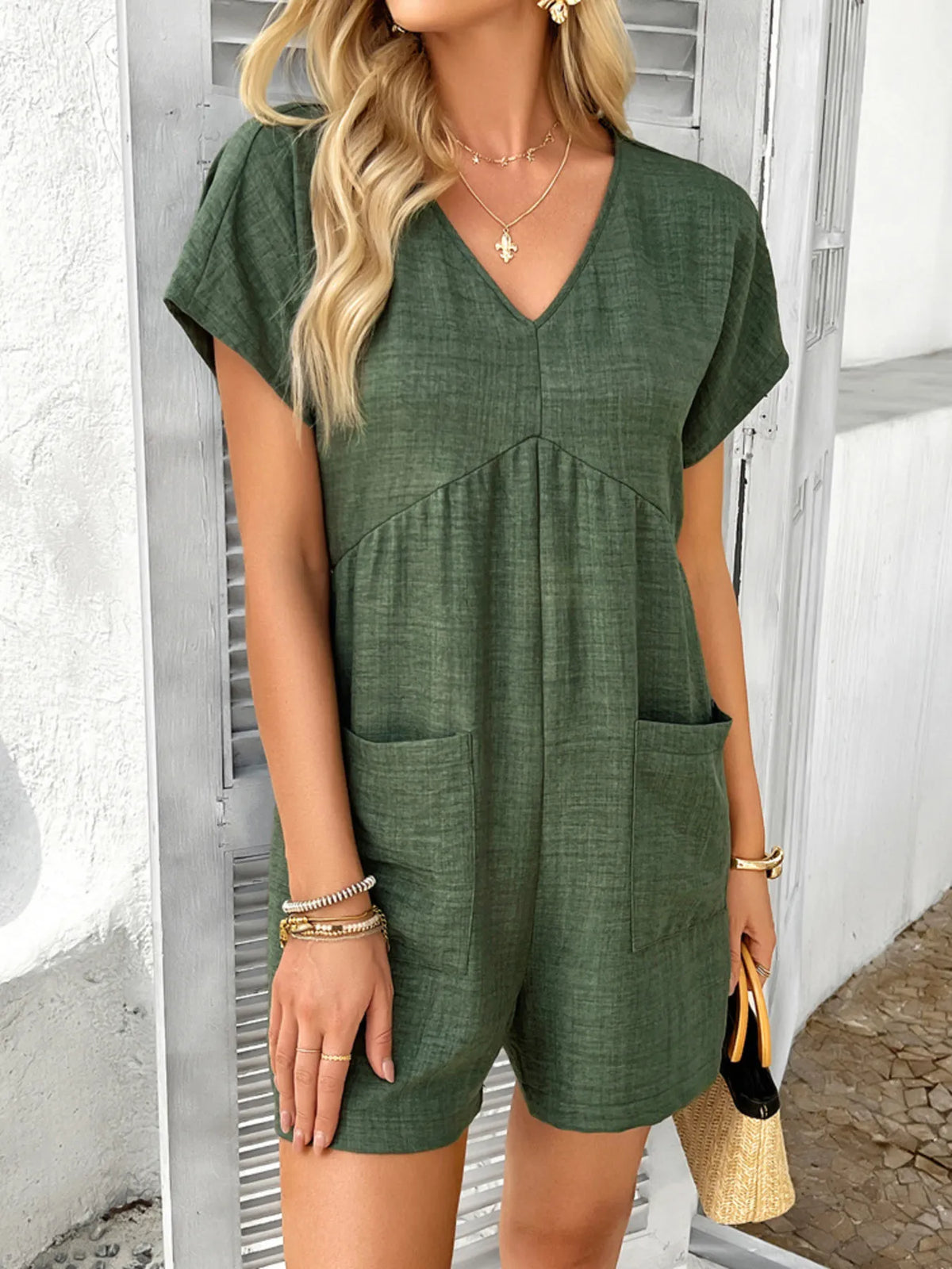 V-Neck Casual Short Sleeve Romper with Pockets, view 2