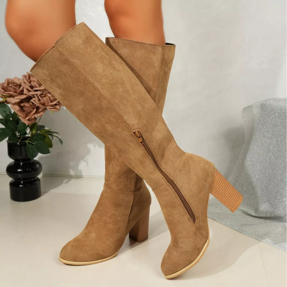 Point Toe Knee-High Suede Block Heel Boots - Lilixa.store