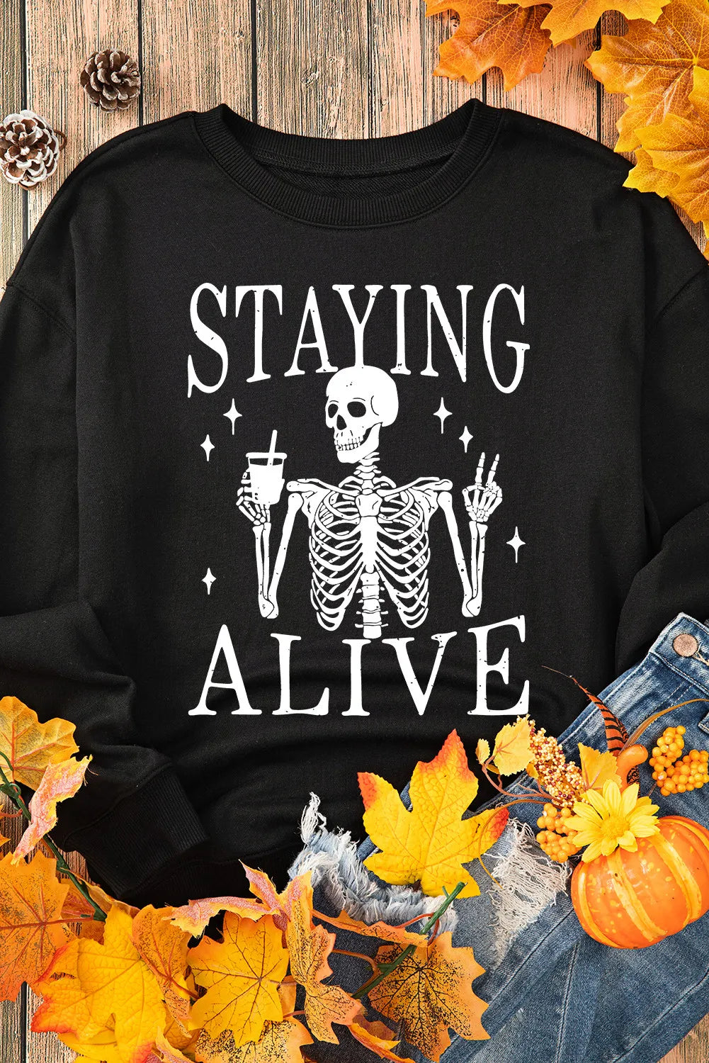 Skull Graphic Round Neck Long Sleeve Sweatshirt - Lilixa.store