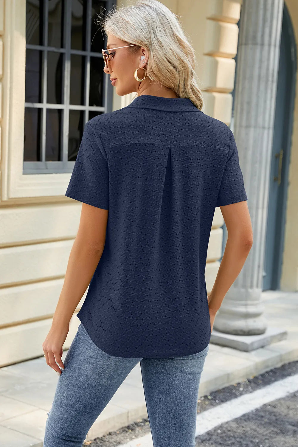 Pocketed Johnny Collar Short Sleeve Blouse - Lilixa.store