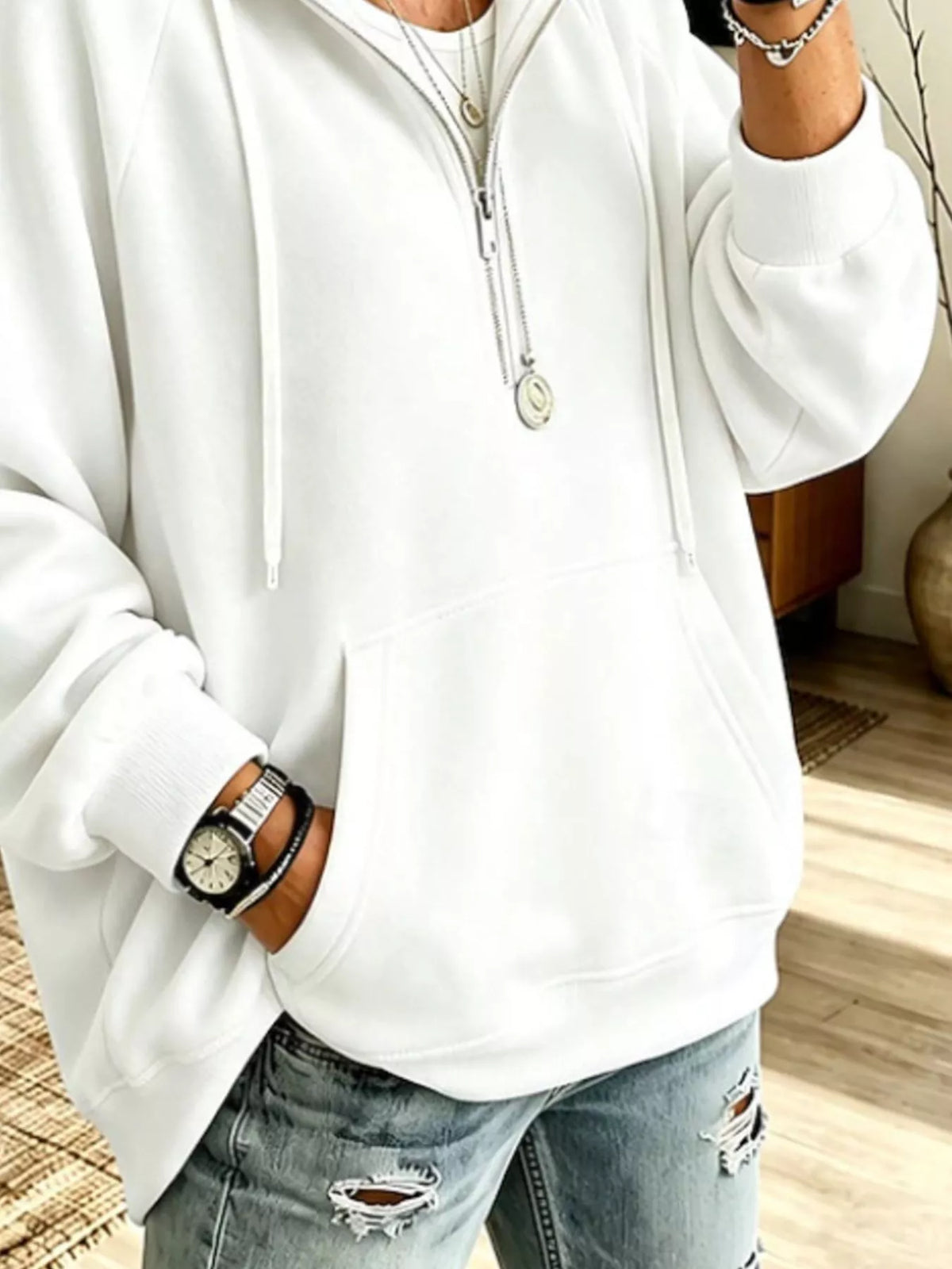 Ribbed Knit Quarter-Zip Hoodie with Kangaroo Pocket - Lilixa.store