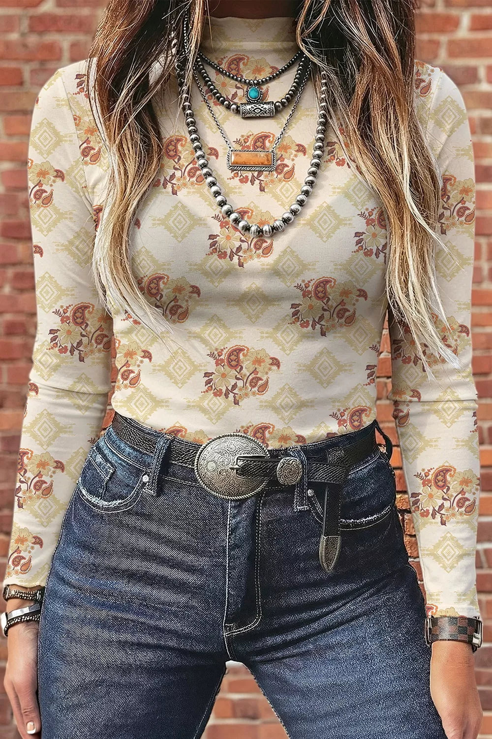 Floral Print Mock Neck Long Sleeve Slim Fit Top