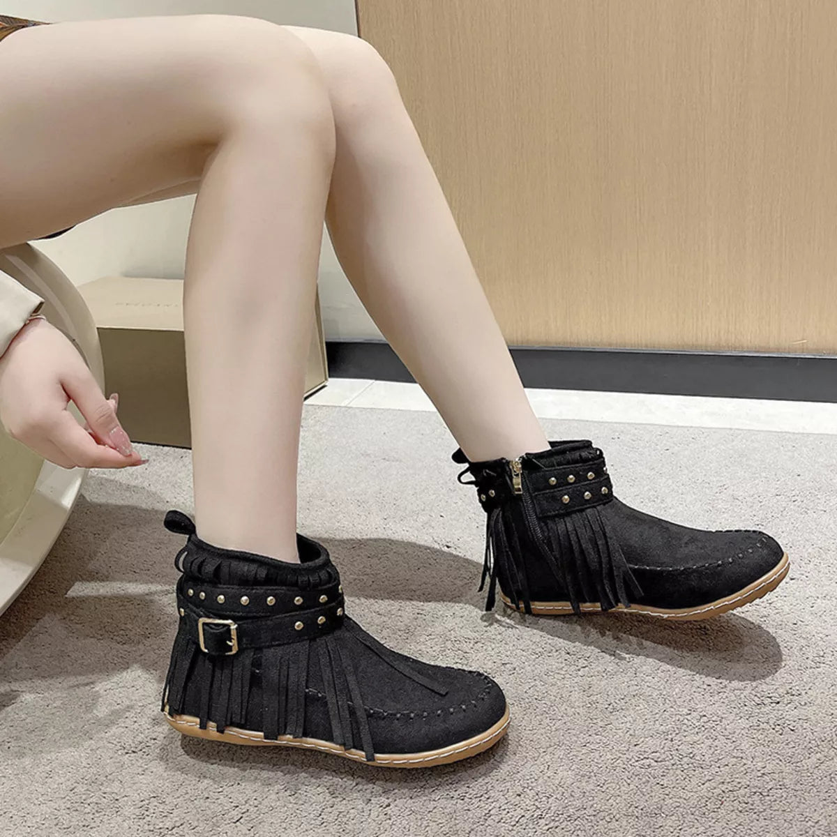 Fringe Round Toe Flats Boots - Lilixa.store