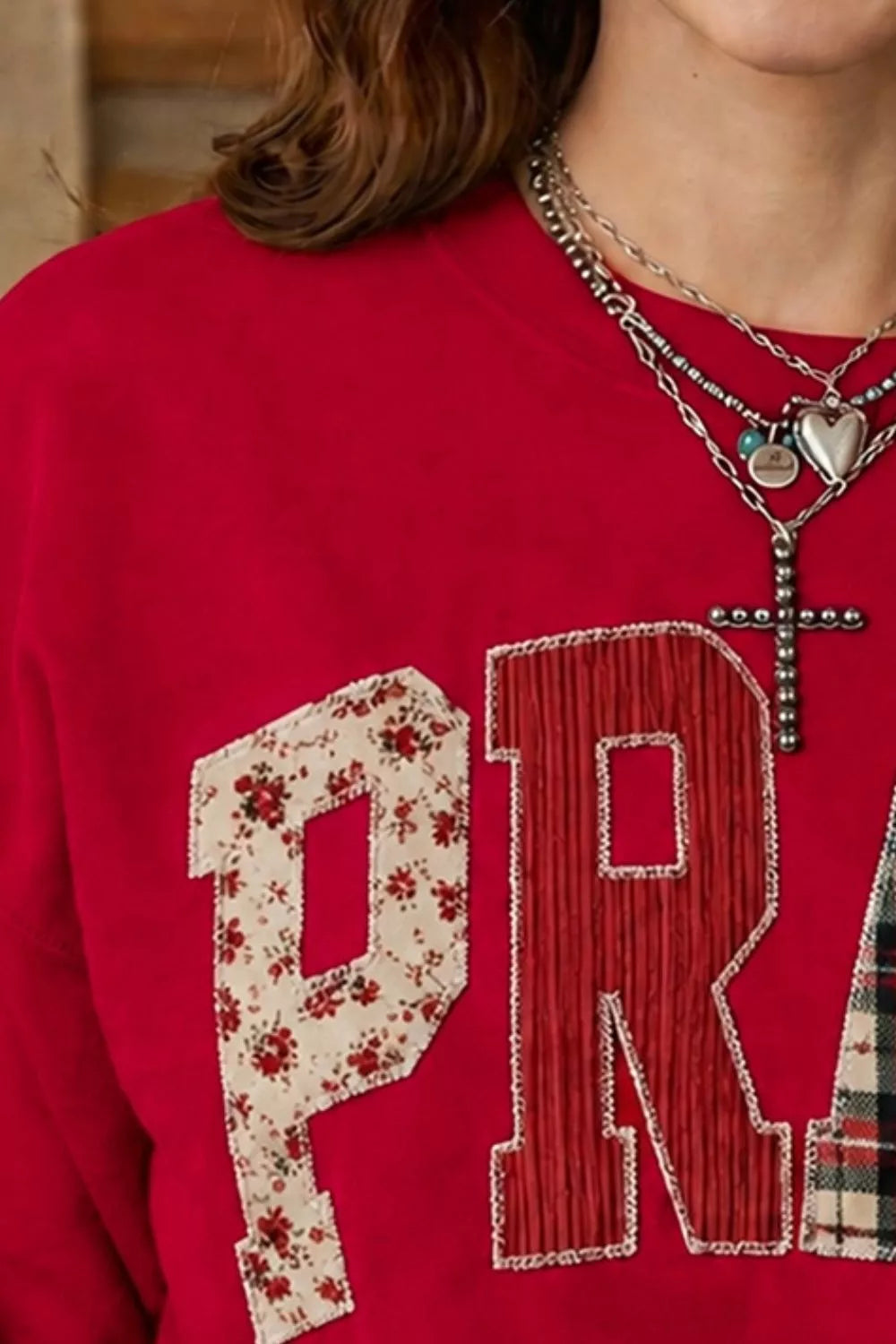 Floral Buffalo Plaid Striped Embroidered Patch Western Sweatshirt - Lilixa.store