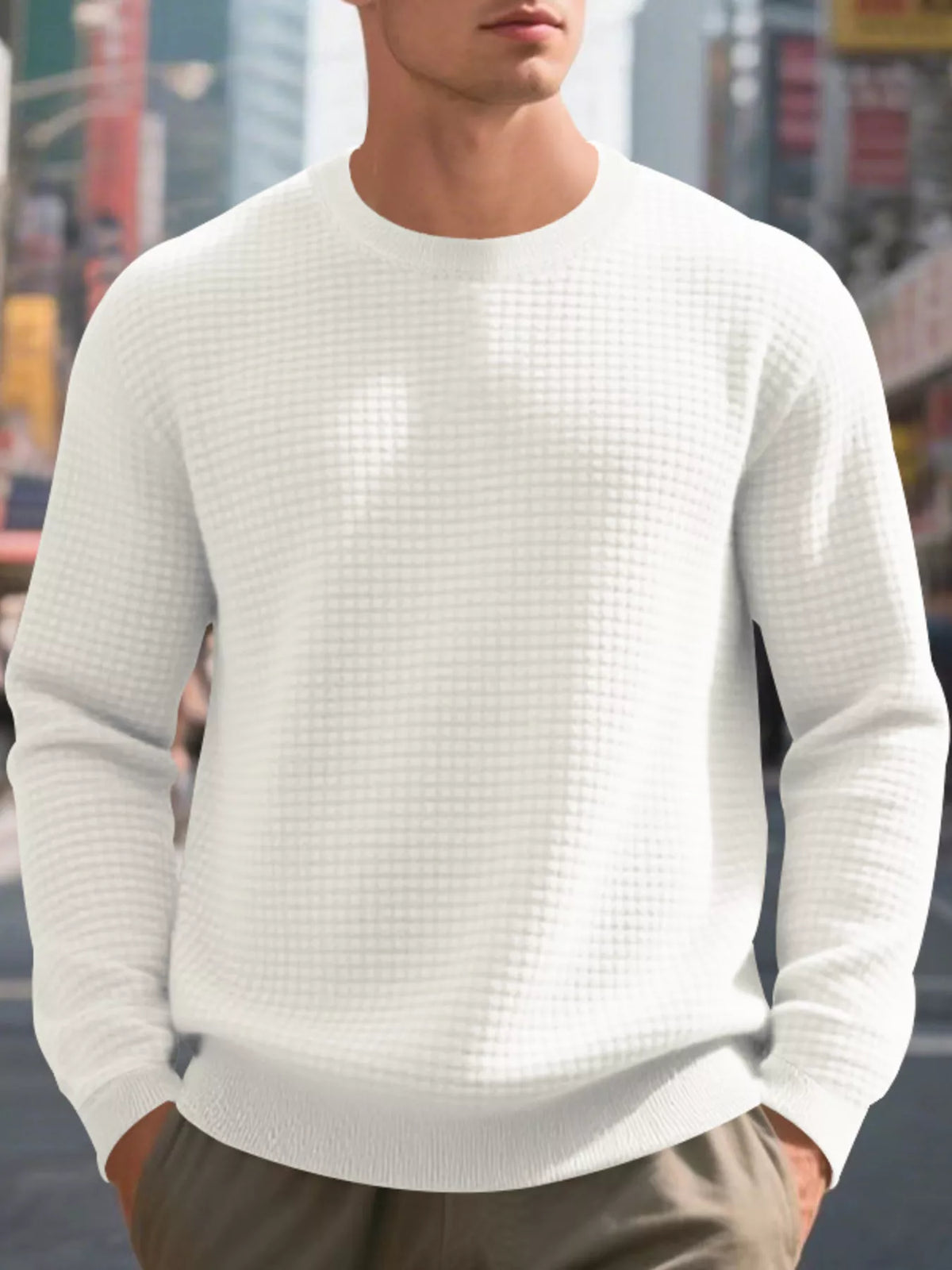 Men's Full Size Classic Waffle-Knit Crew Neck Sweatshirt Plus Size - Lilixa.store