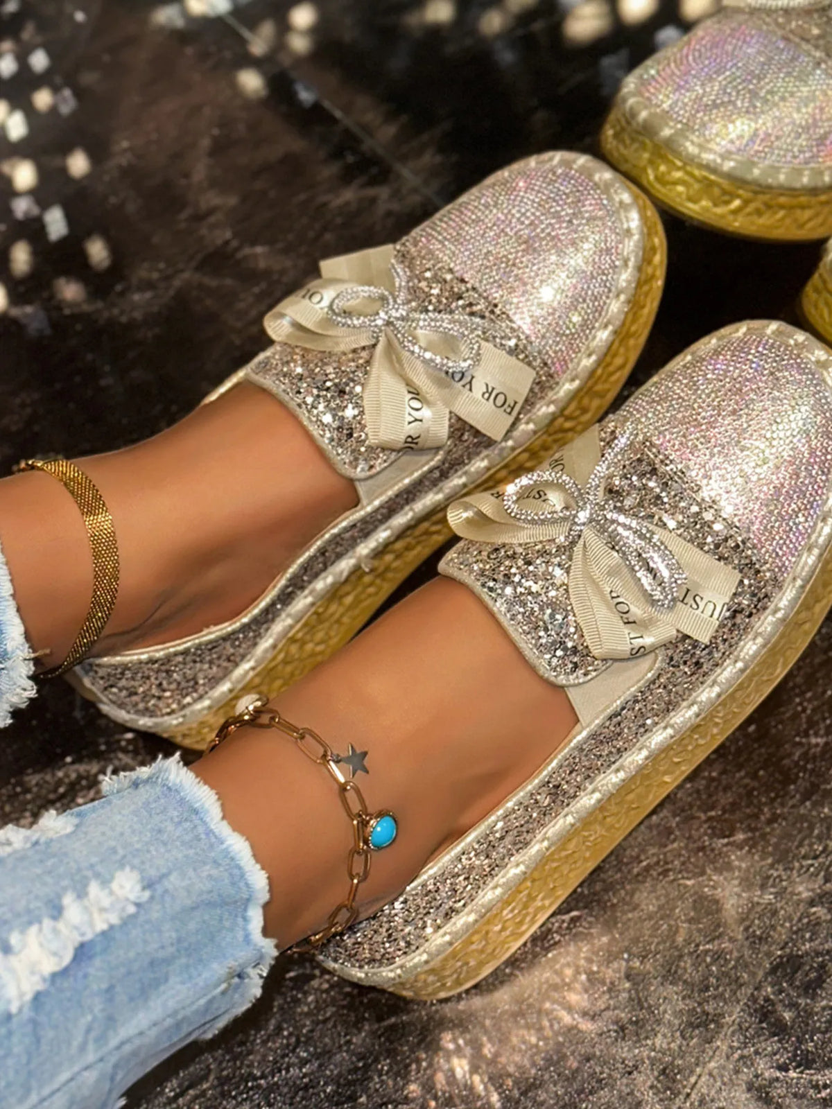 Rhinestone Bow Round Toe Slip-Ons