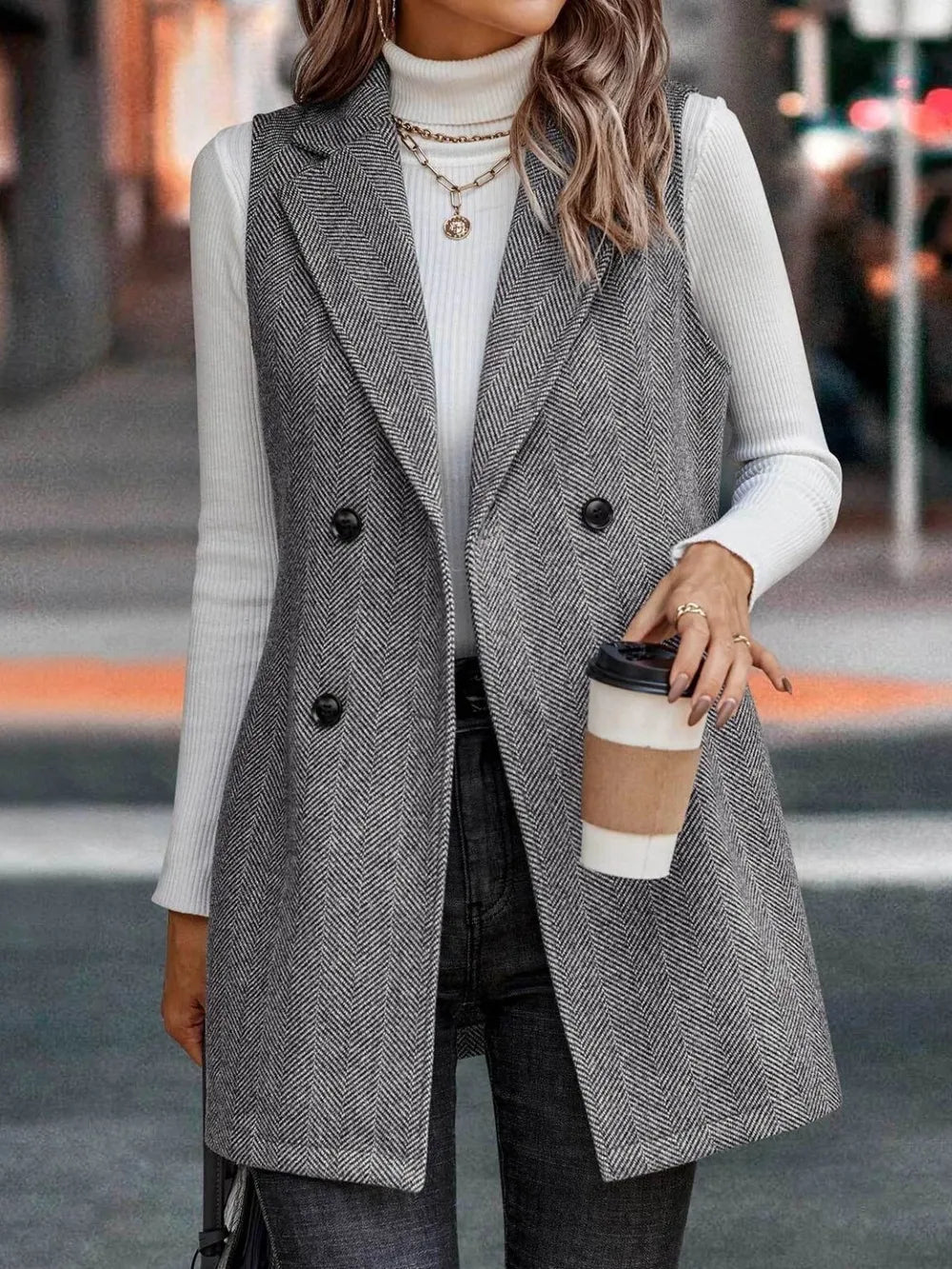 Buttoned Collared Neck Longline Vest Coat, view 5