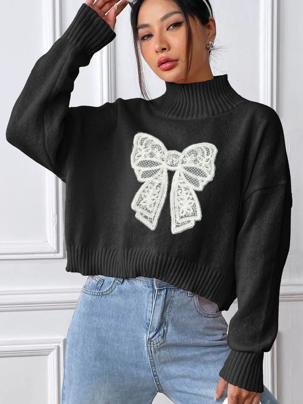 Bow Turtleneck Long Sleeve Sweater - Lilixa.store