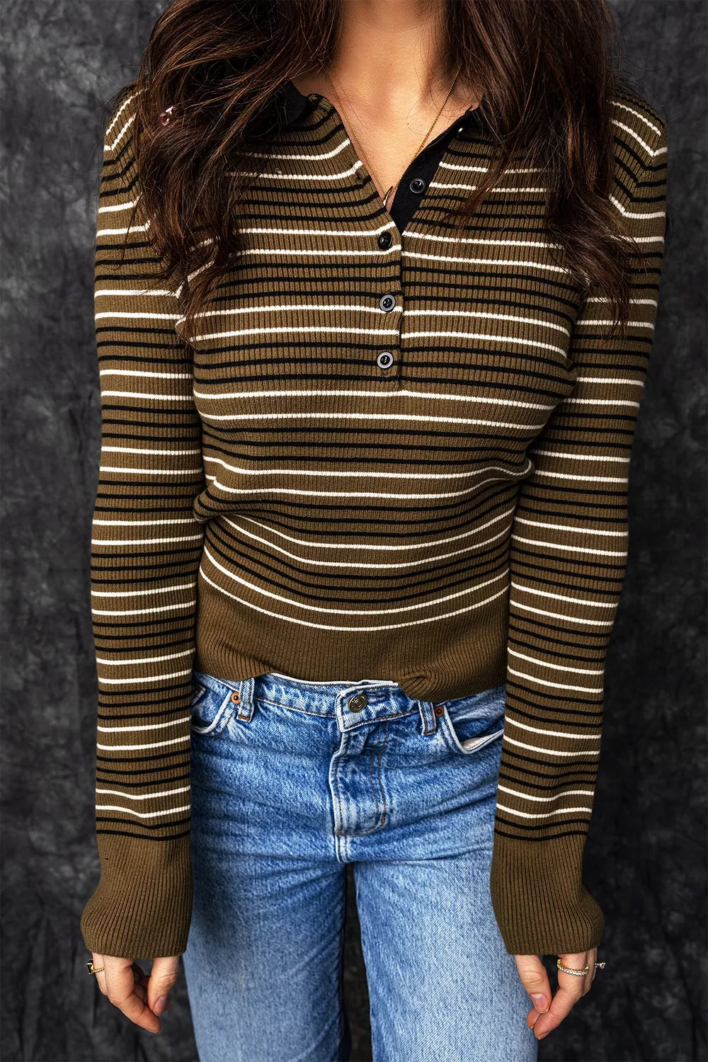 Stripe Striped Ribbed Knit Button Collar Sweater