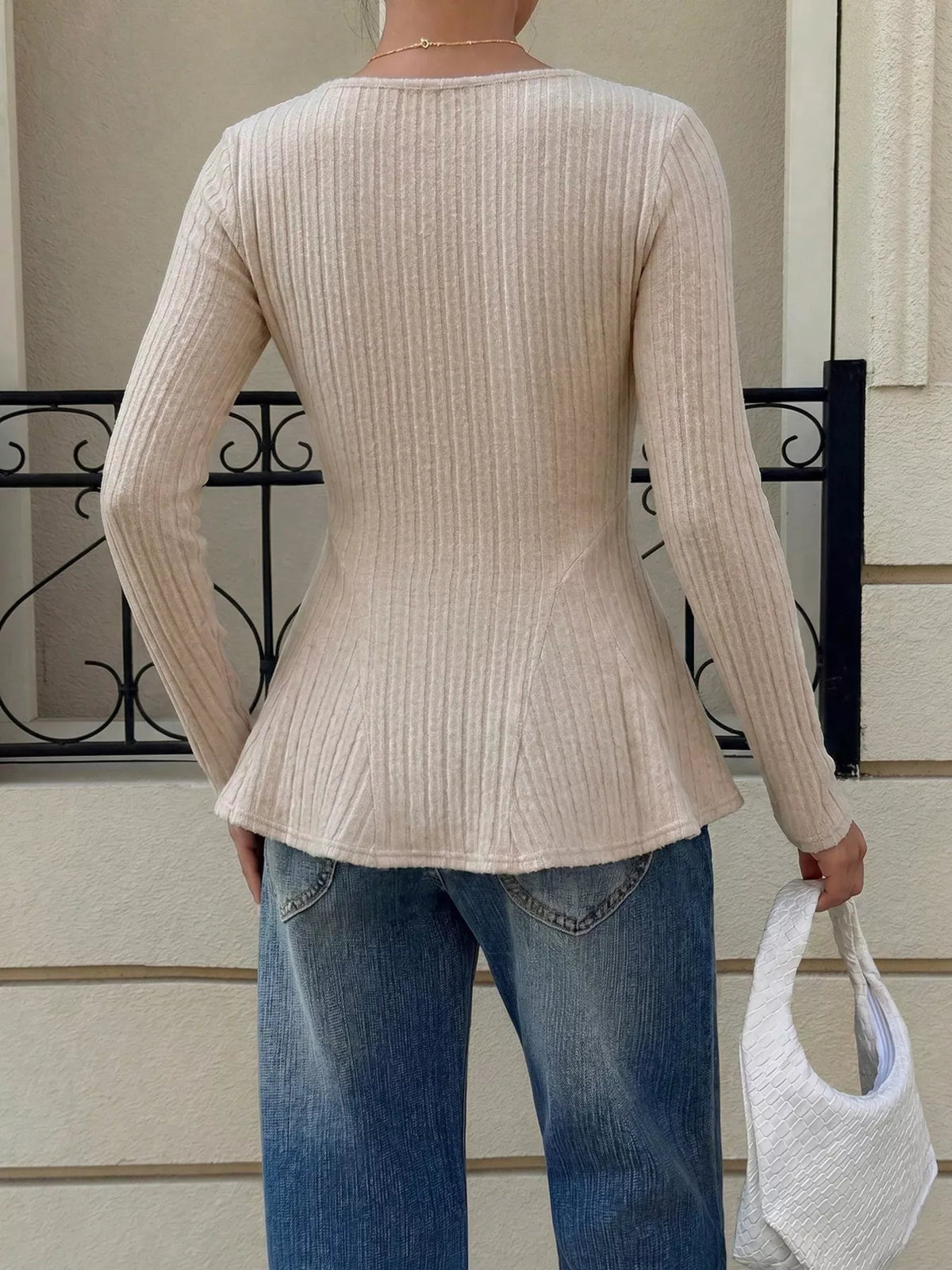 Square Neck Ribbed Peplum Knit Top - Lilixa.store
