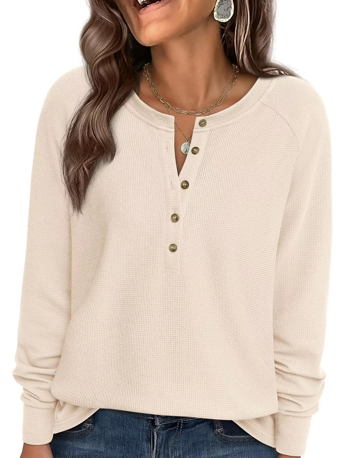 Waffle Knit Henley Long Sleeve T-Shirt