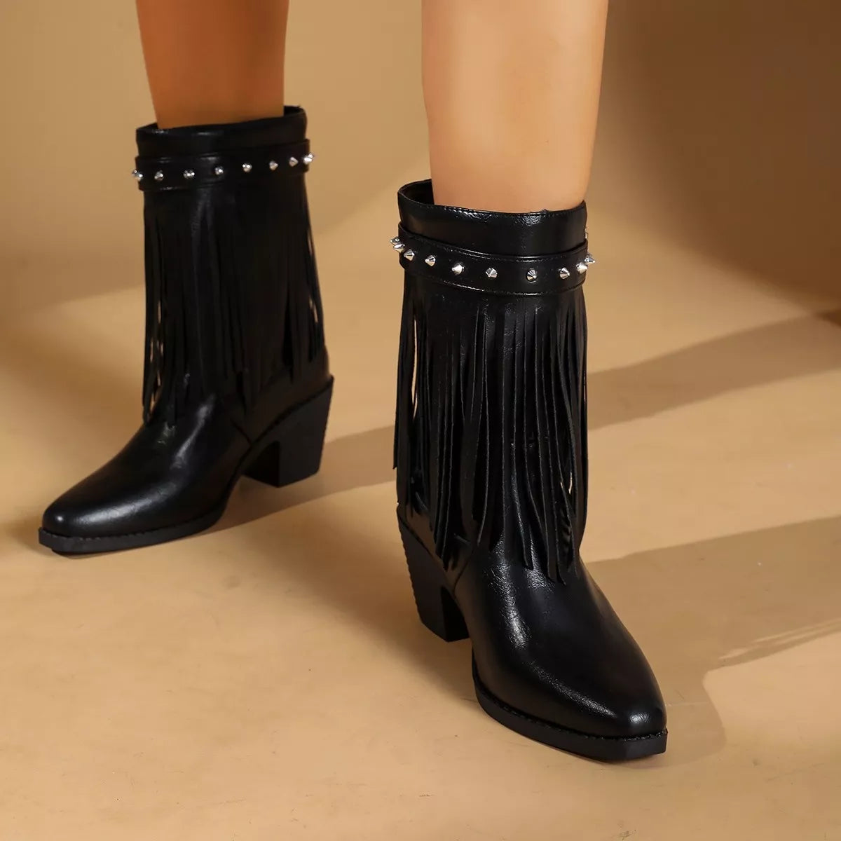 Western Style Fringe Studded Mid-Calf Boots in Black, view 2