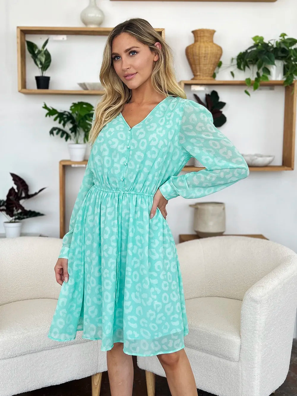 Double Take Full Size Printed Ruched V-Neck Long Sleeve Dress - Lilixa.store