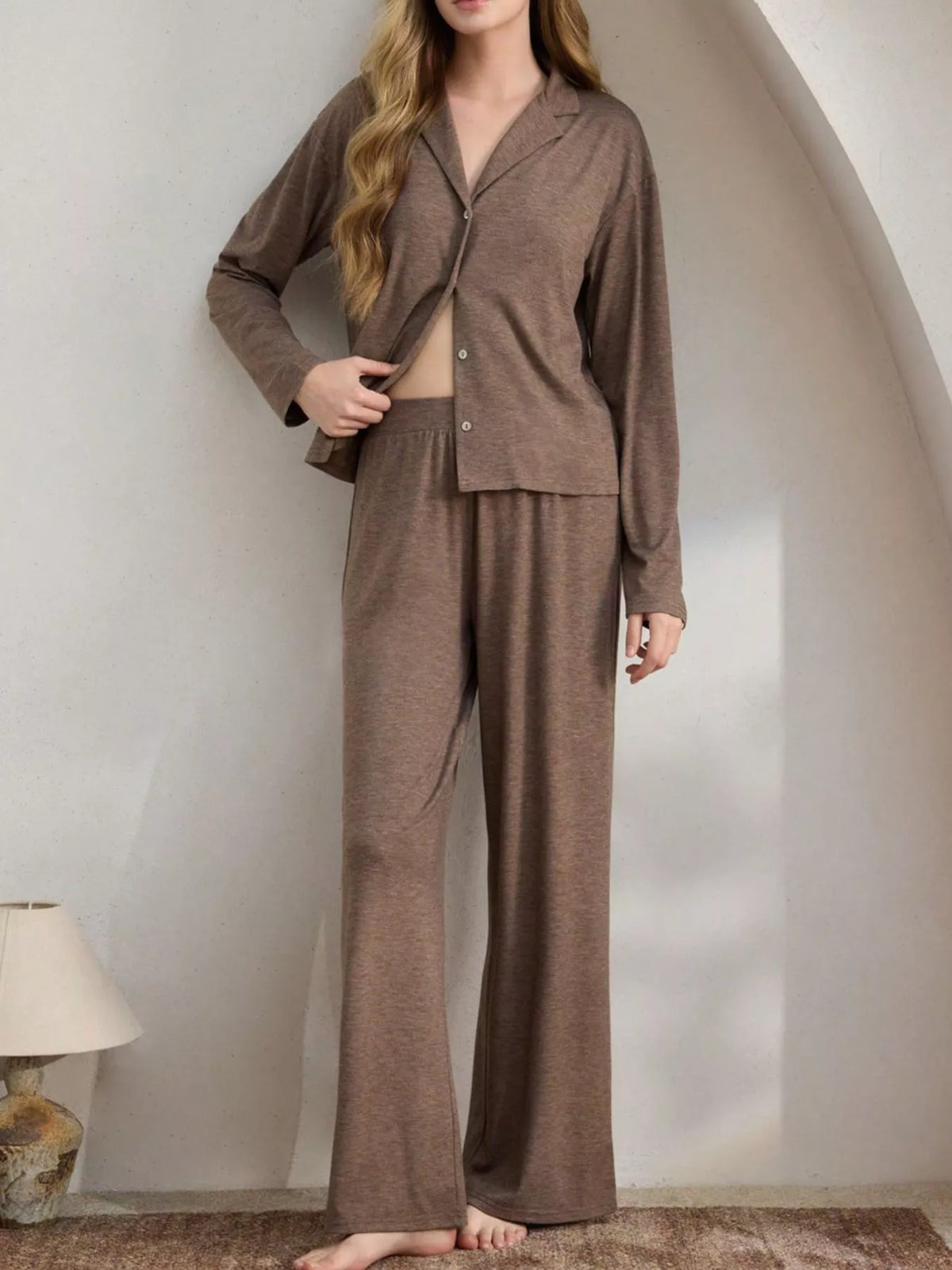 Button-Down Top and Wide-Leg Pants Lounge Set - Lilixa.store