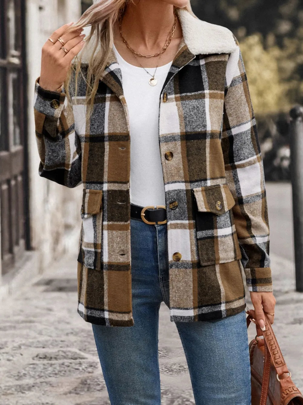 Perfee Pocketed Plaid Button Up Collared Neck Jacket in Camel