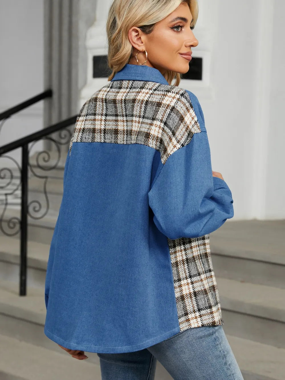 Plaid Button Up Long Sleeve Denim Jacket in Dusty Blue, view 2