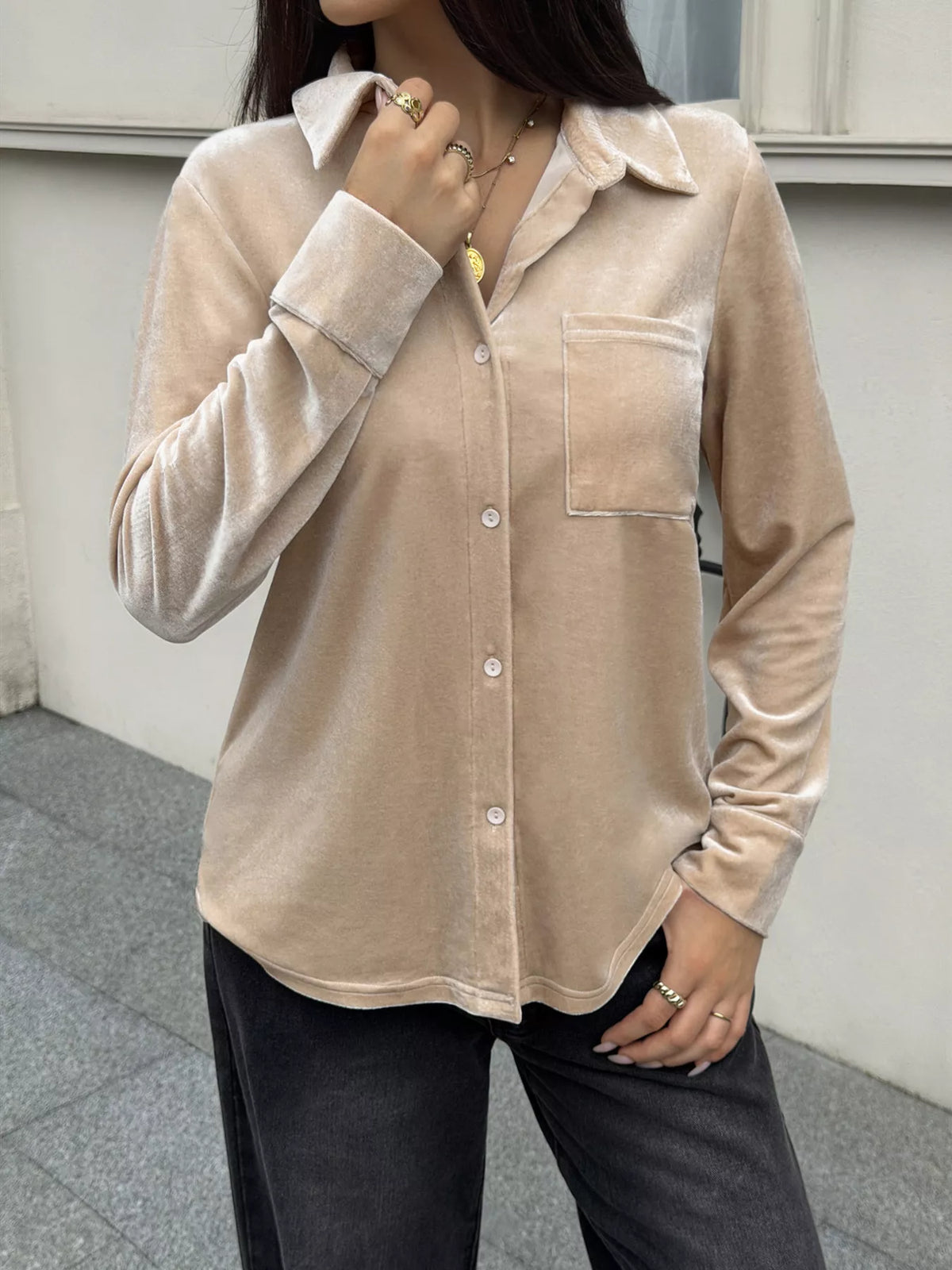 Velvet Button-Down Shirt with Chest Pocket - Lilixa.store