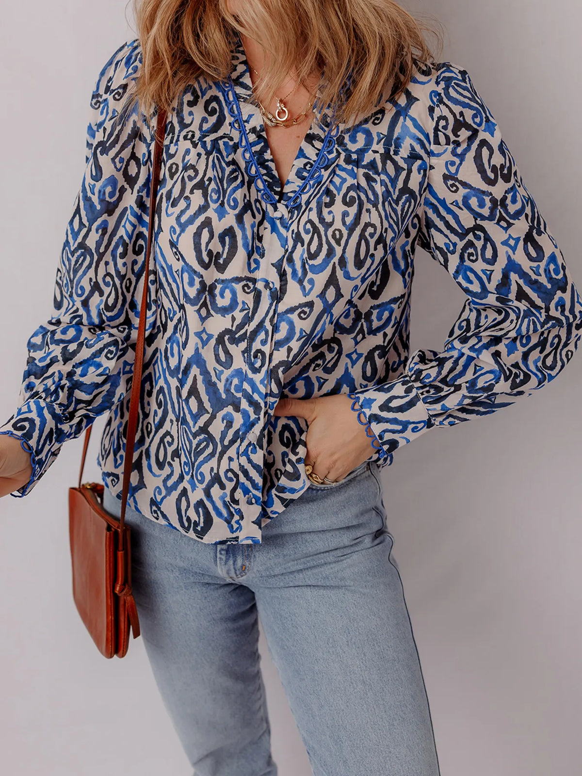 Paisley Print Long Sleeve Blouse - Lilixa.store