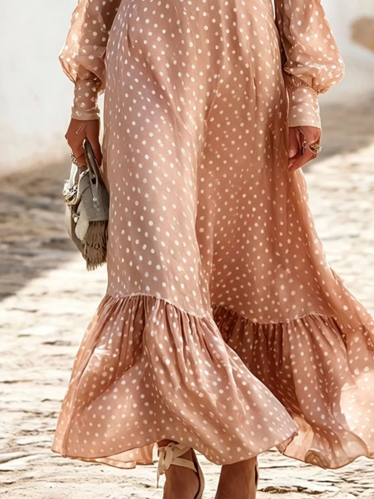 Full Size Polka Dot Ruffle V-Neck Maxi Dress Plus Size - Lilixa.store
