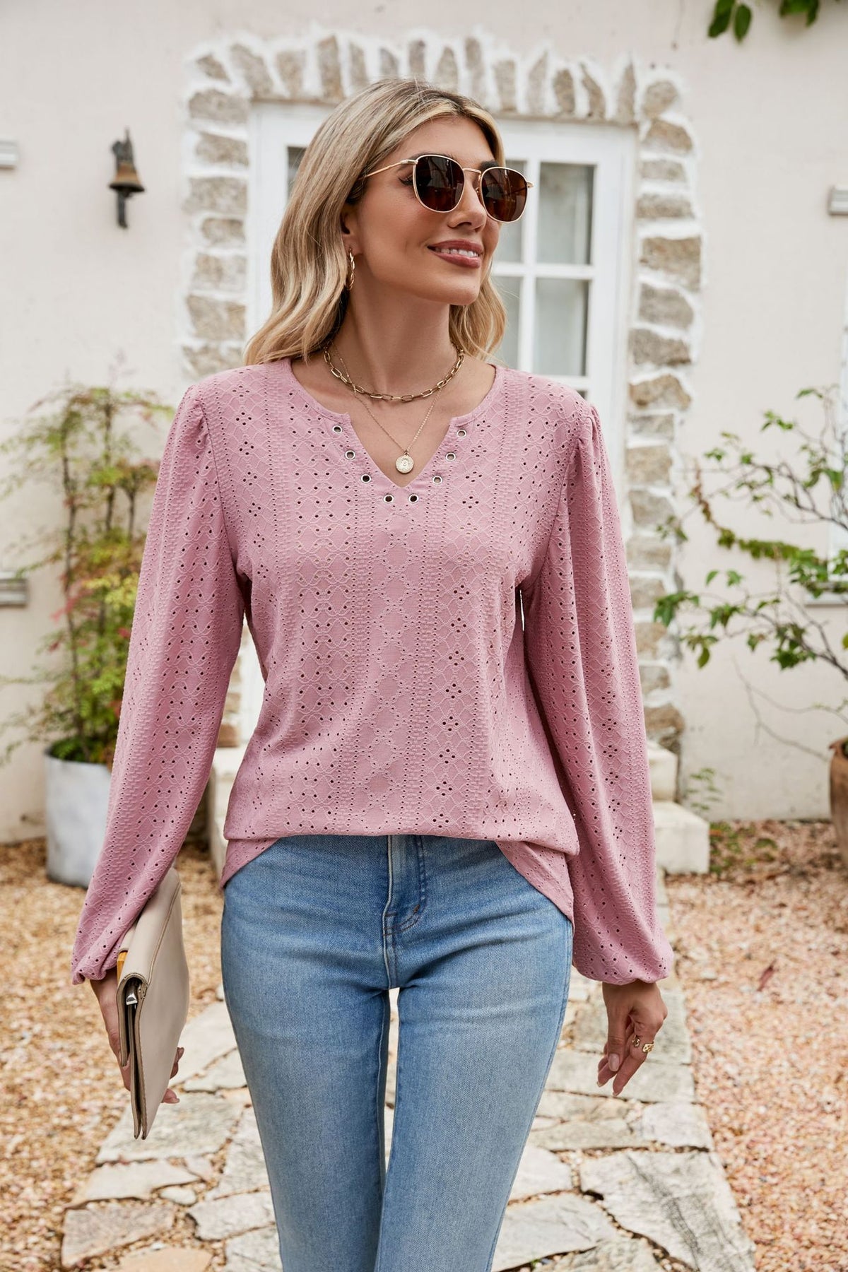 Eyelet Notched Neck Balloon Sleeve Blouse, view 3