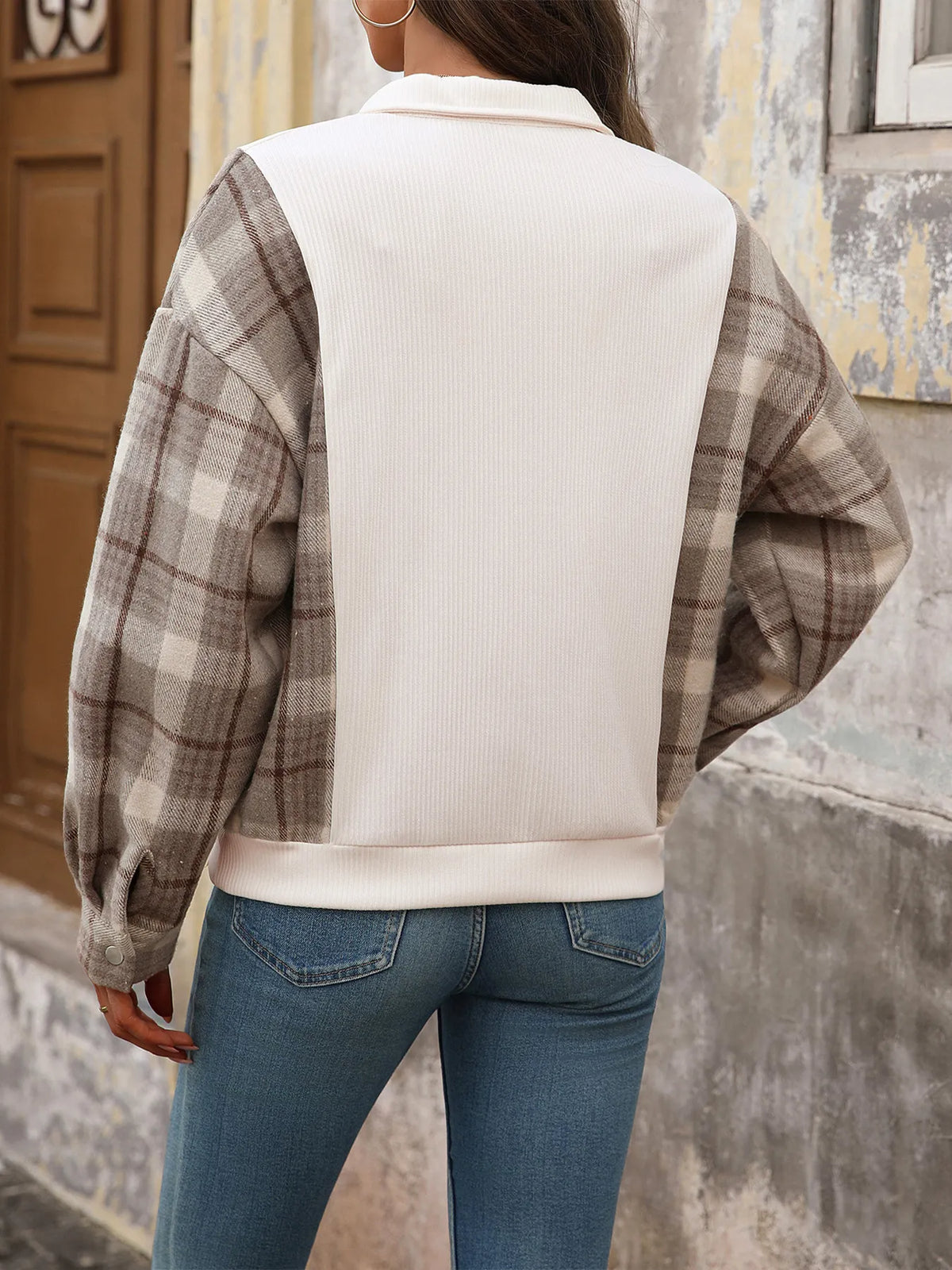 Snap Down Plaid Long Sleeve Sweatshirt - Lilixa.store