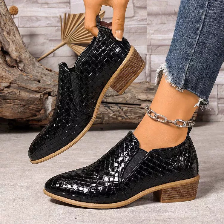 Point Toe Block Heels Ankle Boots in Black