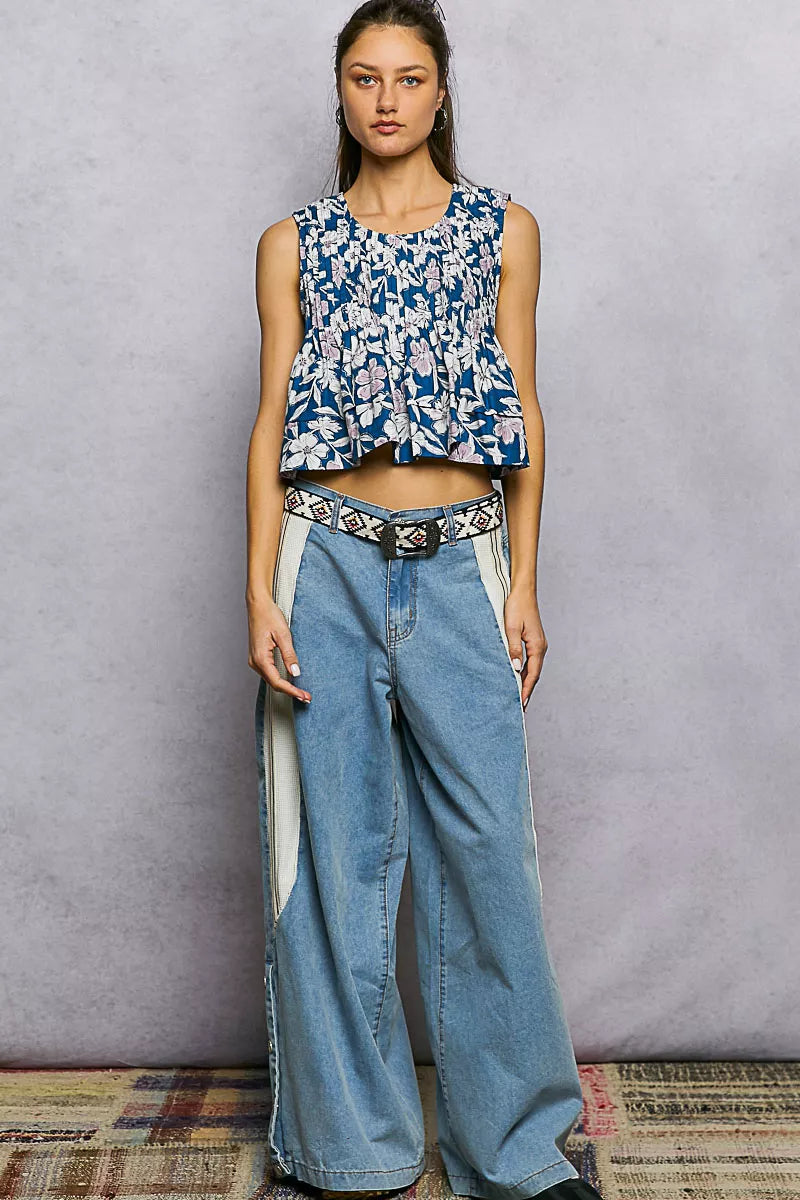 POL Floral Round Neck Cropped Pintuck Tank - Lilixa.store