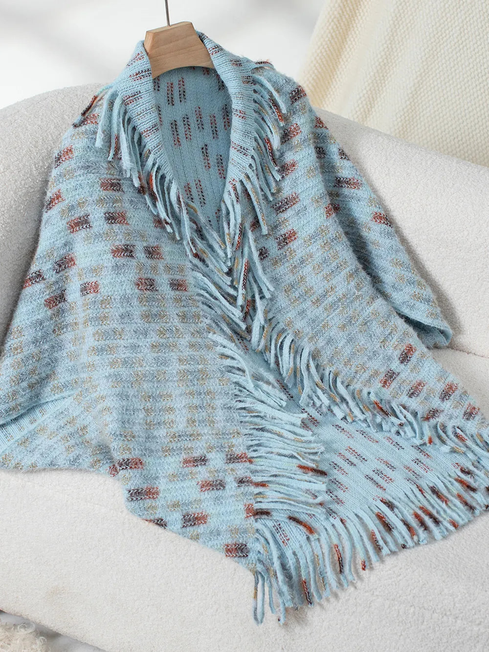 Fringe Open Front Half Sleeve Poncho in Light Blue