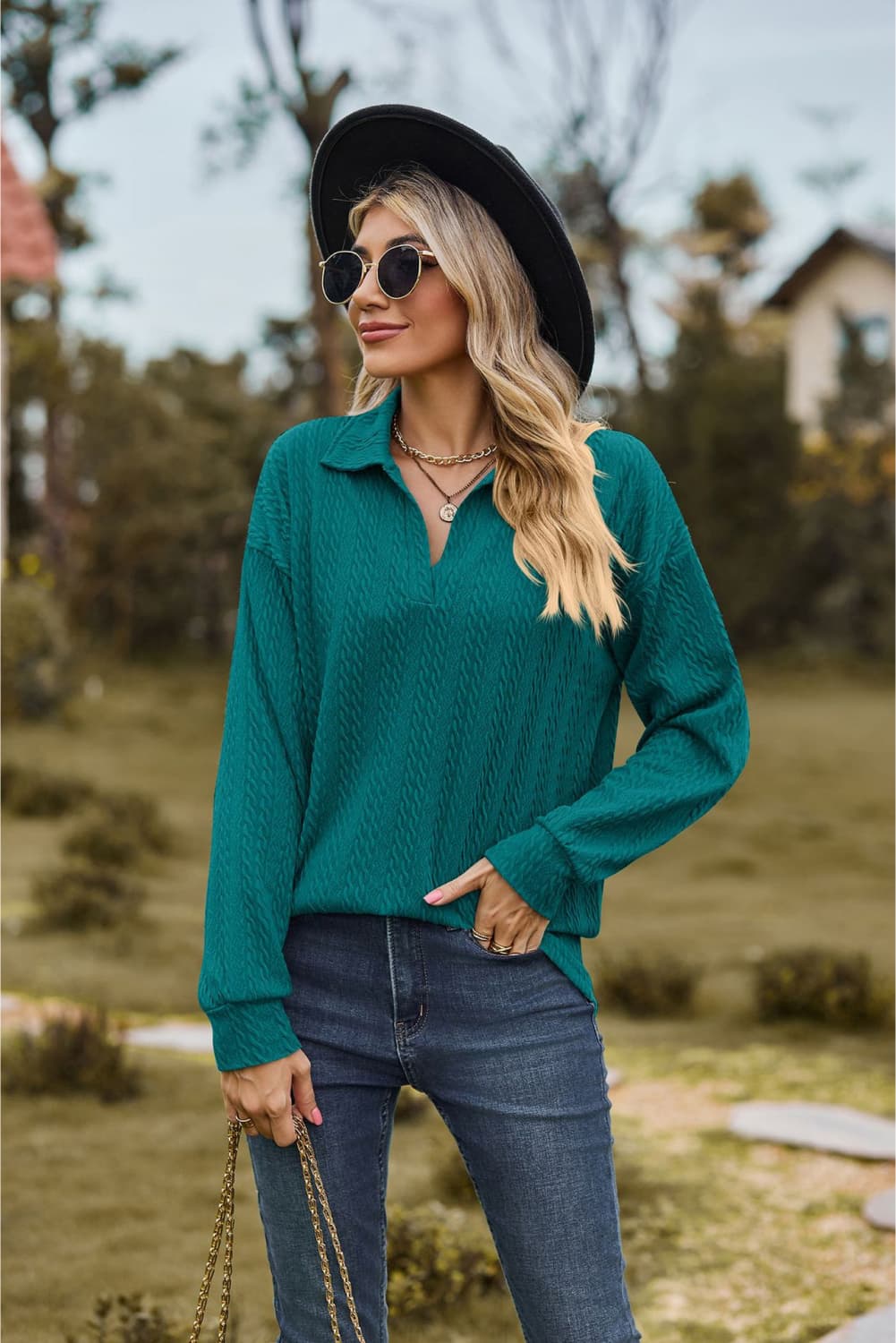 Collared Neck Cable-Knit Long Sleeve Blouse, view 7