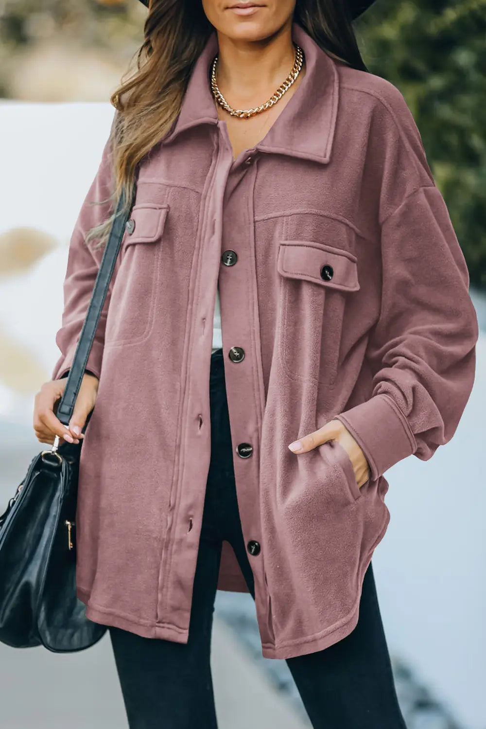 Button Up Collared Neck Long Sleeve Jacket in Moonlit Mauve