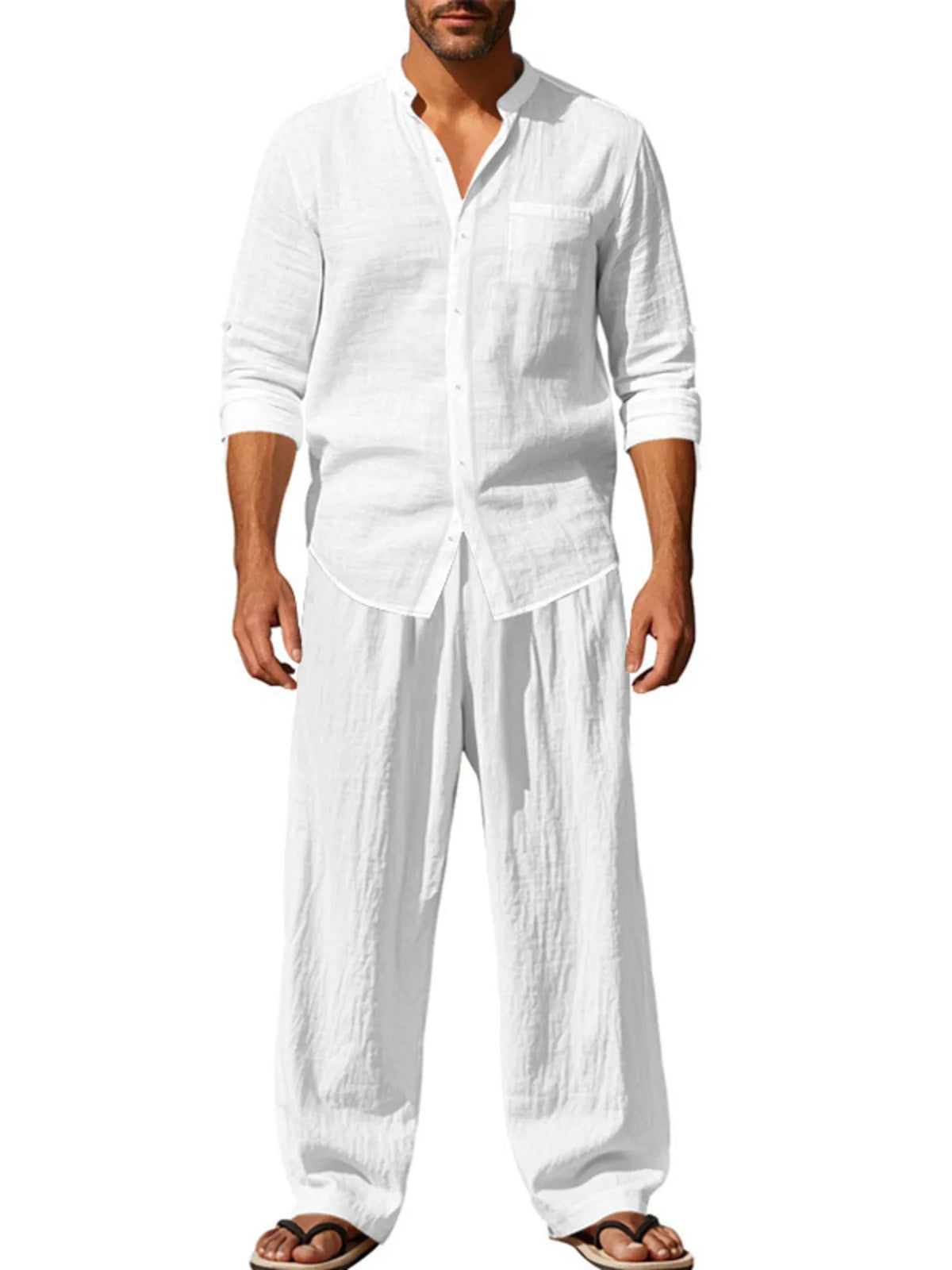 Men's Full Size Button Up Shirt and Pants Set Plus Size in White