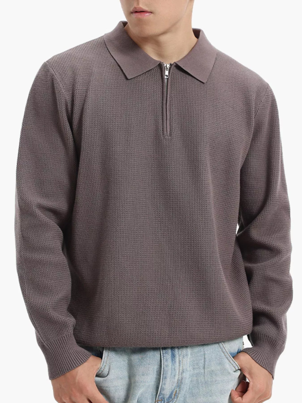 Men's Plus Size Quarter-Zip Textured Knit Top in Dark Gray