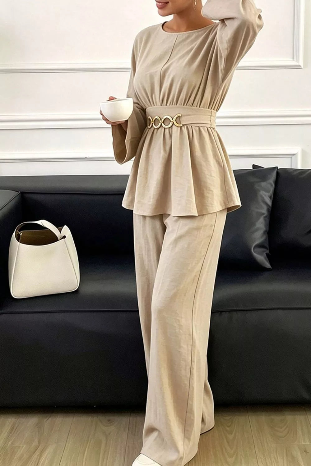 Metal Chain Waist Detail Top and Pants Set - Lilixa.store