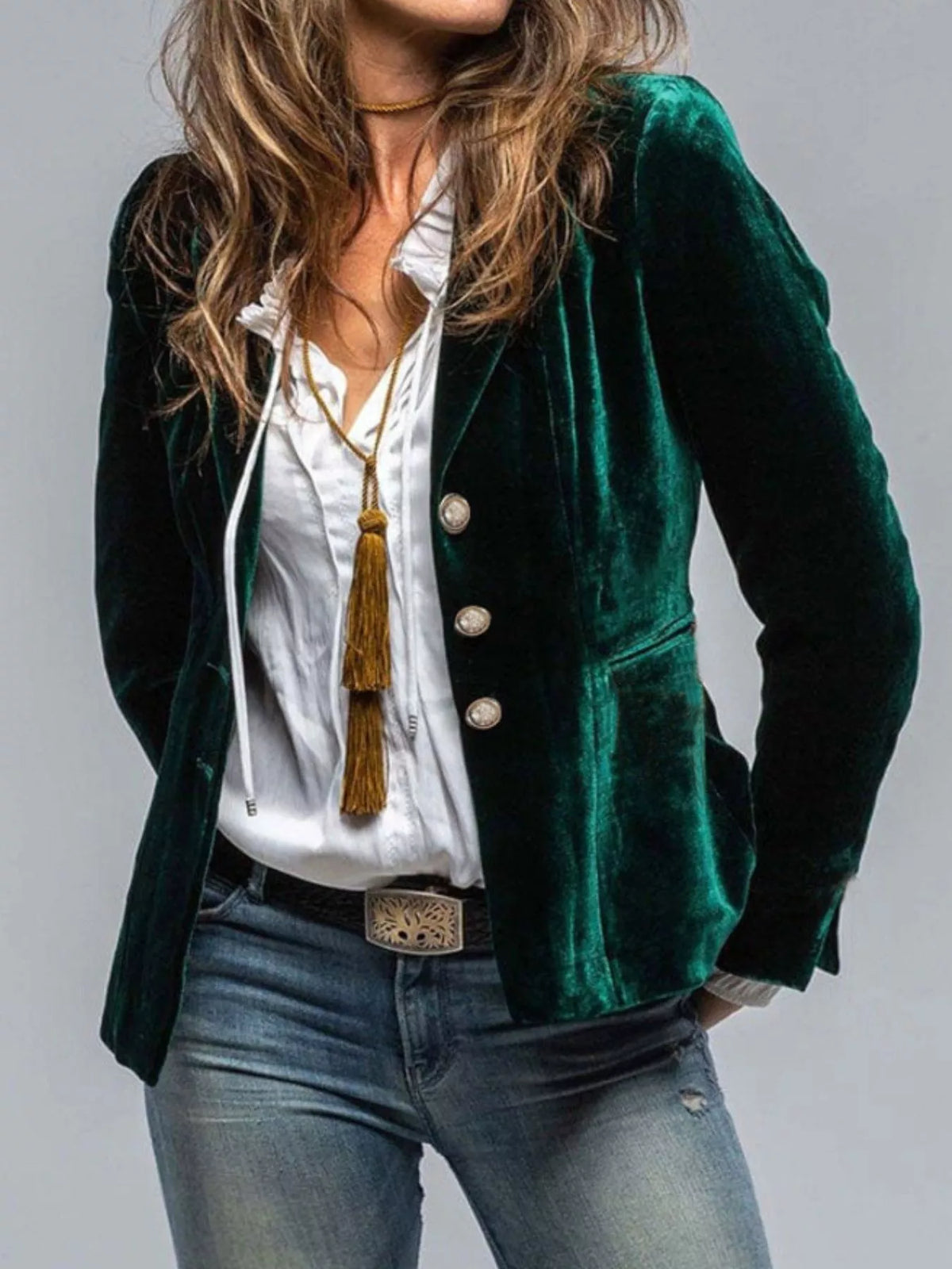 Velvet Lapel Collar Button Up Blazer - Lilixa.store