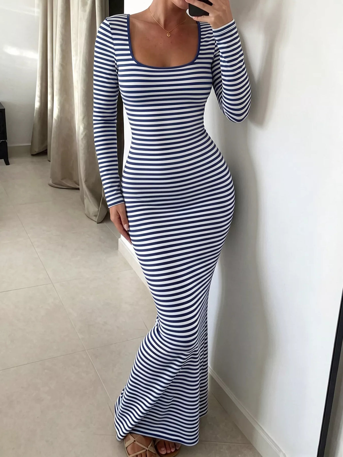 Striped Long Sleeve Square Neck Maxi Dress - Lilixa.store