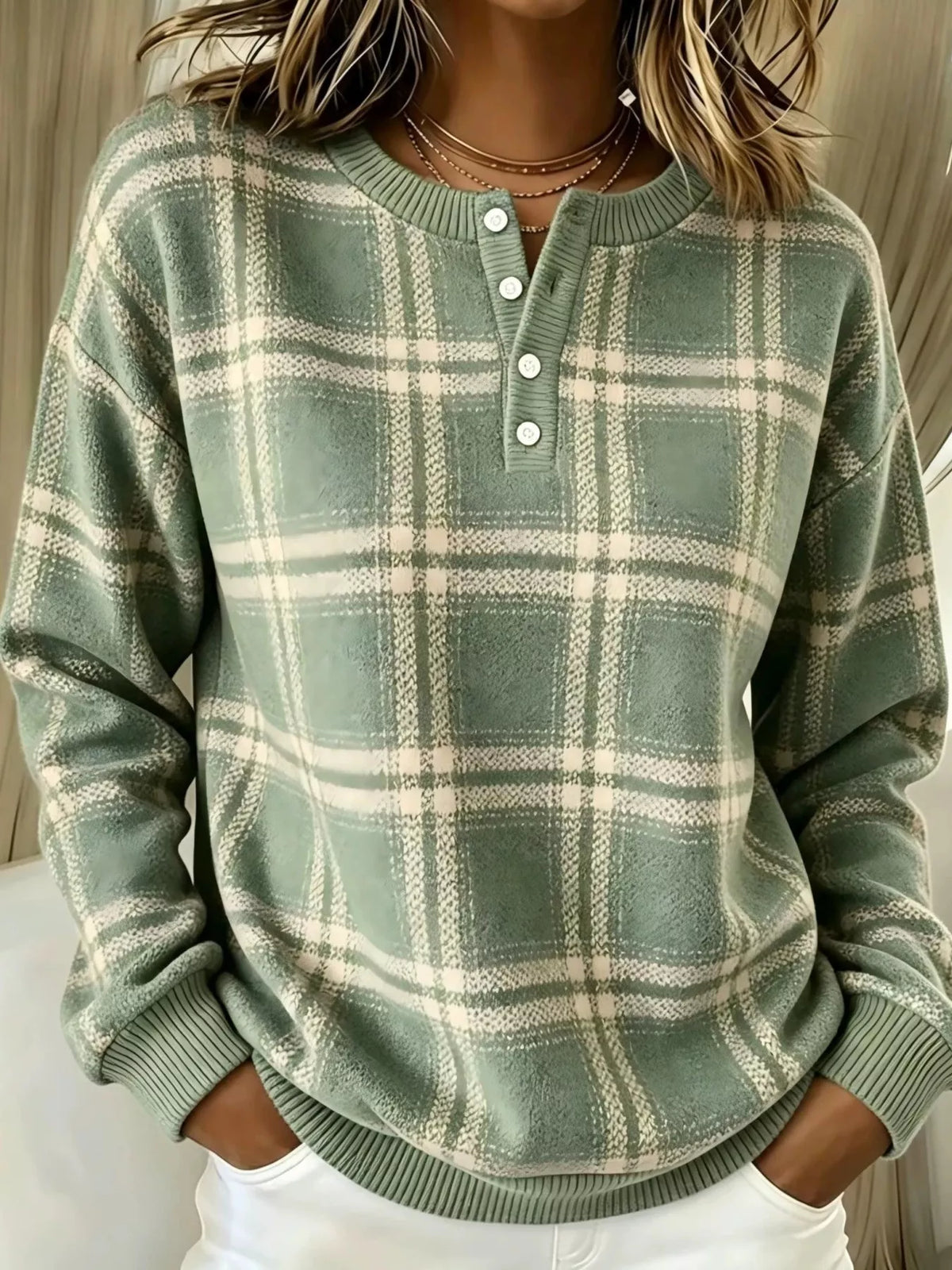 Full Size Plaid Button Detail Long Sleeve Sweatshirt Plus Size - Lilixa.store